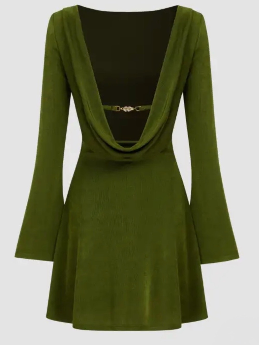 NWT Cider Olive Green Backless Lined Mini Dress With Long Bell Sleeves Size XS
